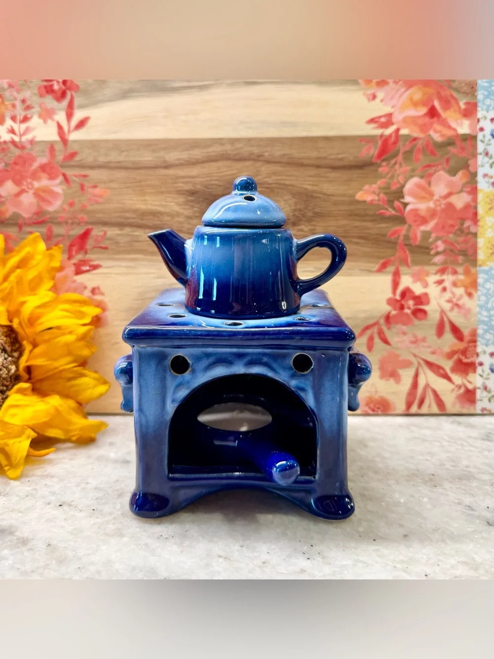 New Rustic Blue Ceramic Stove & Tea Pot Tea Light Candle Oil Warmer Diffuser 6”